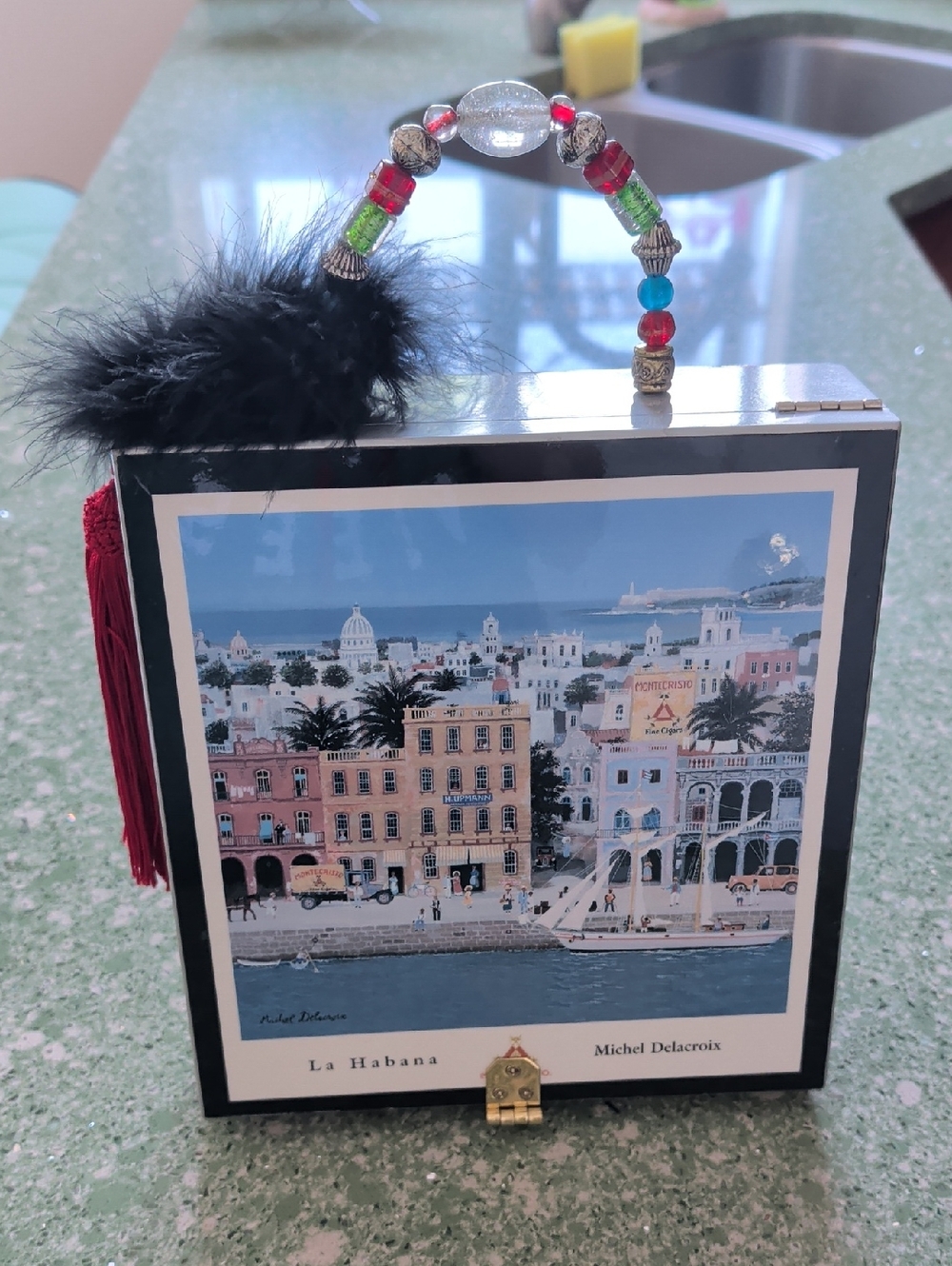 Handmade La Habana Decorative Trinket Box with Black Feather Accent